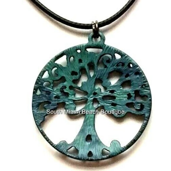 Tree of Life Necklace Celtic Green Patina Brass Pendant Black Cord Chain - Picture 4 of 7